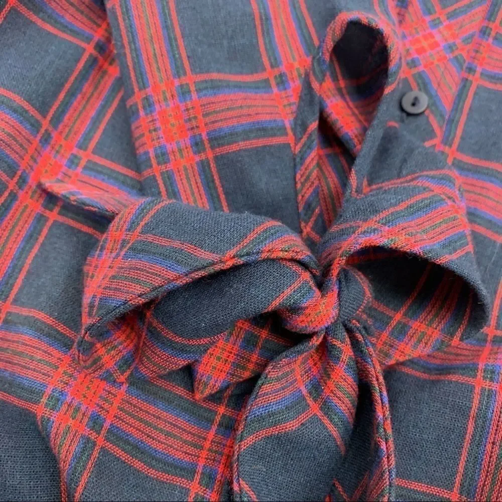 Skies Are Blue Navy & Red Plaid Off-Shoulder Button Down Top Size XS - Picture 7 of 10